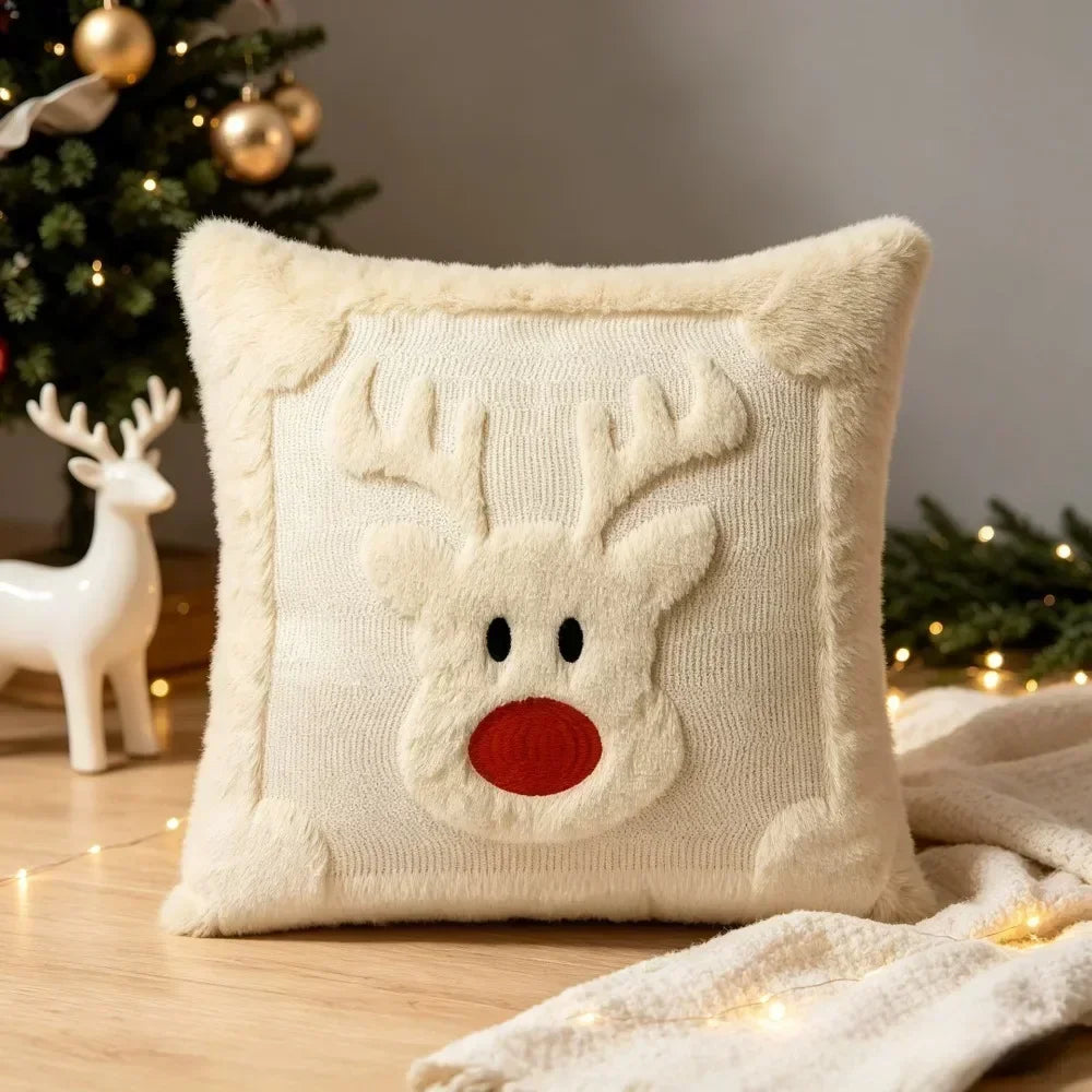 Fluffy Reindeer Cushion Cover — Soft Embroidered Holiday Pillow Slip