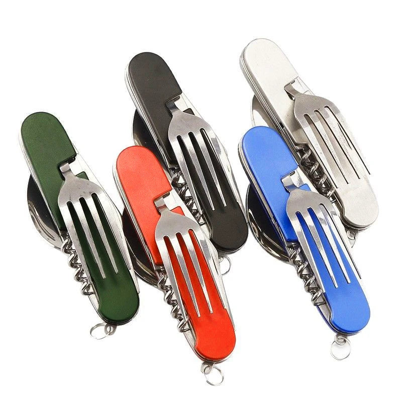 6-in-1 Stainless Steel Camping Cutlery Set — Portable Folding Outdoor Kit