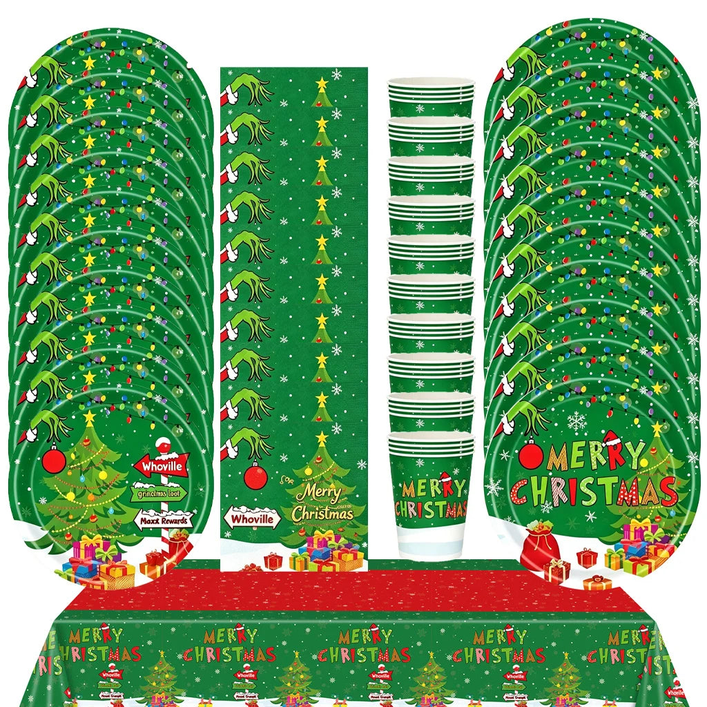Festive Green Christmas Tableware Set — Disposable Party Supplies