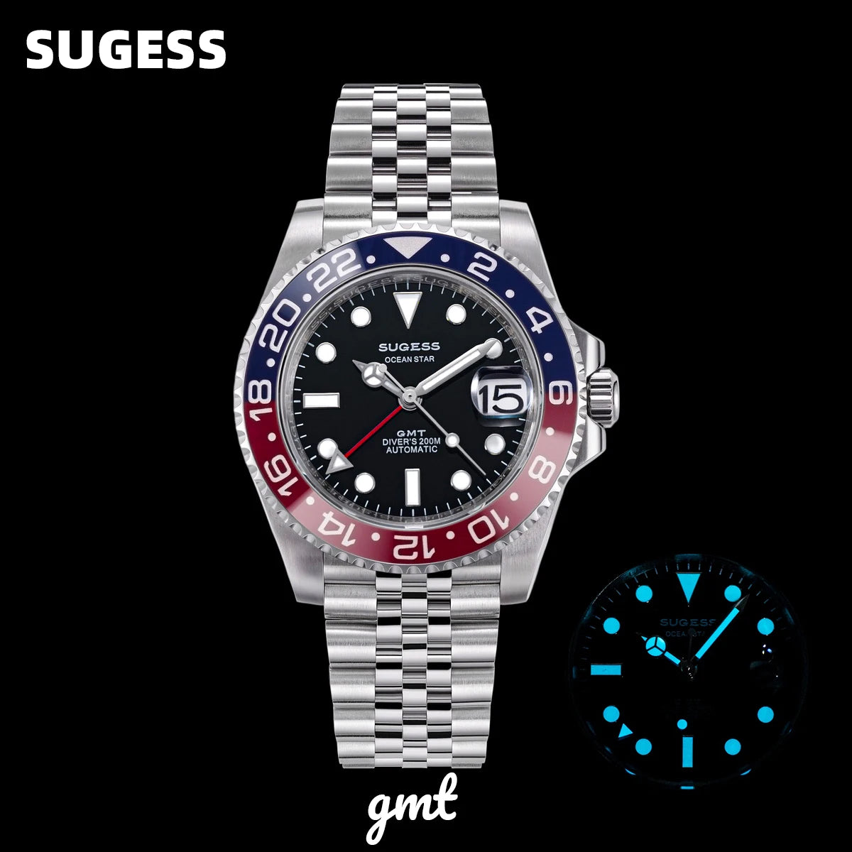 SUGESS GMT Diving Watch — Automatic Mechanical Peacock Movement