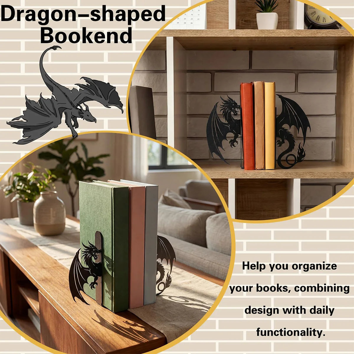 Dragon Wrought Iron Bookend — Decorative Metal Support for Bookshelves