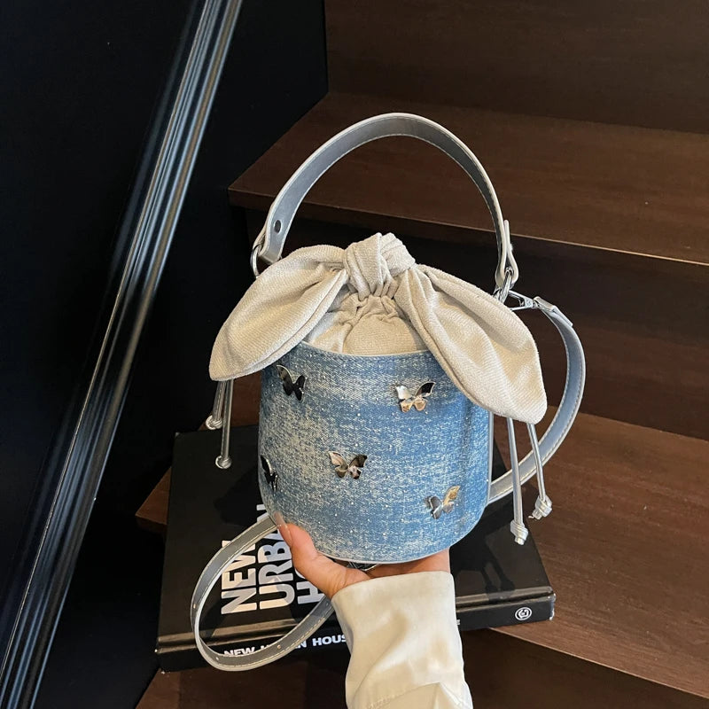 Denim Mini Crossbody Bag — Vintage Butterfly Bucket Handbag