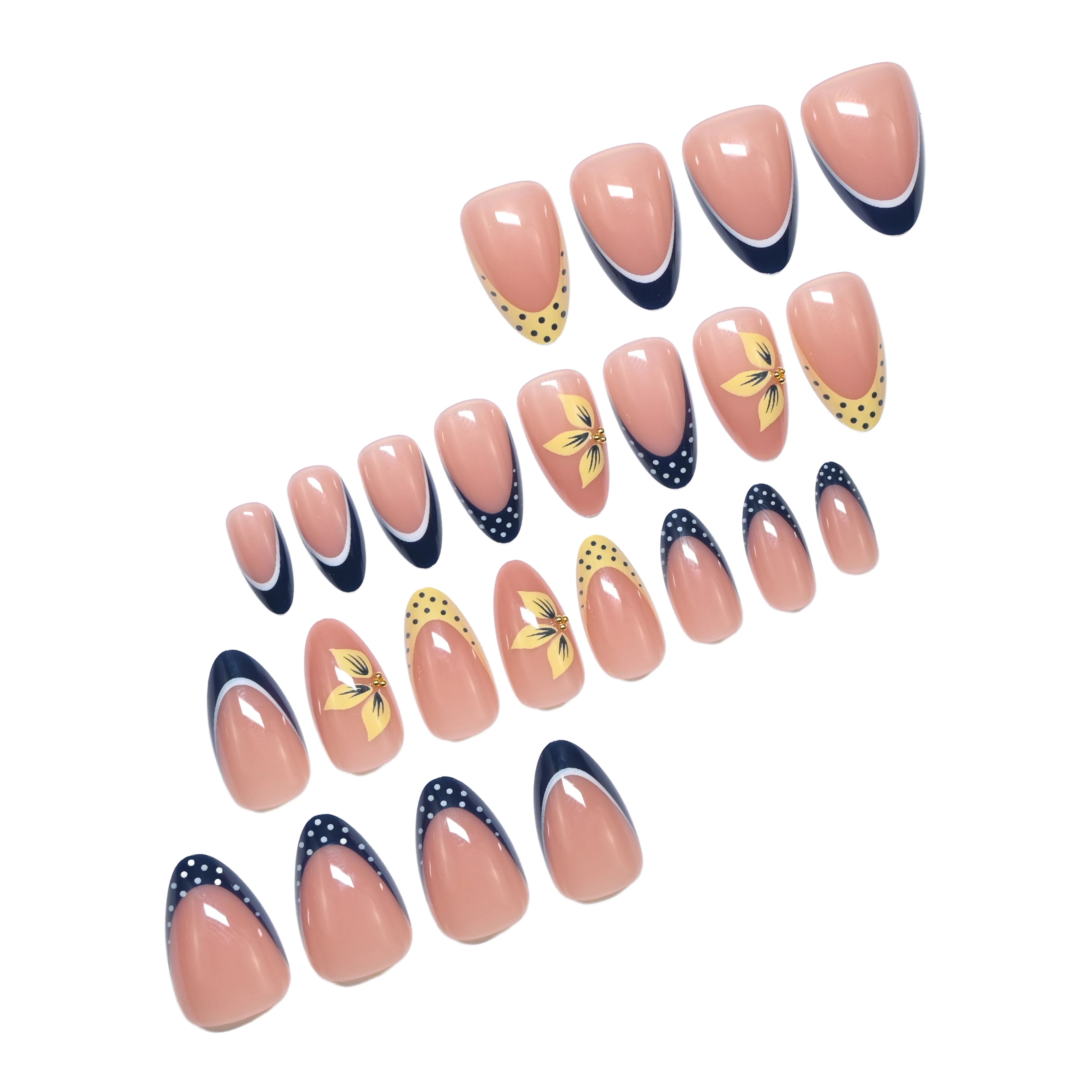 Handmade Almond Press-On Nails — Navy and Yellow Polka Dot Design