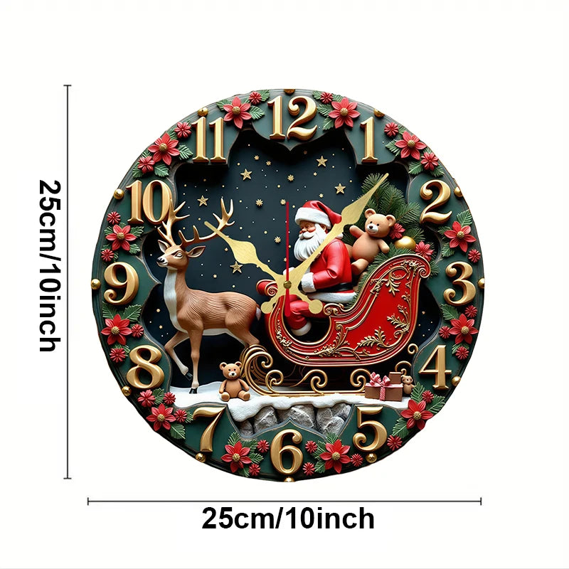 Wooden Santa and Reindeer Wall Clock — Silent Hanging Holiday Decor