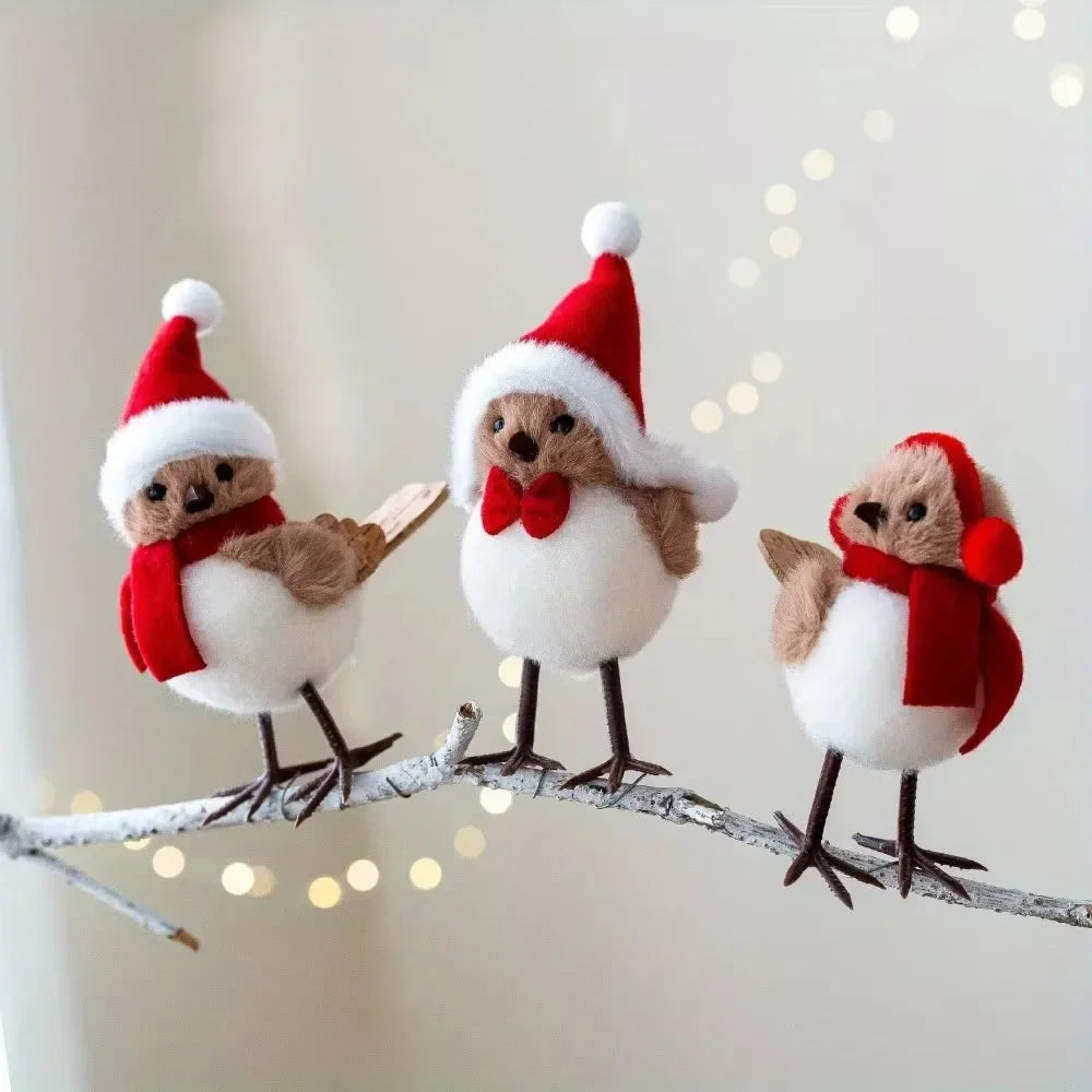 Festive Foam Bird Ornaments — Christmas Tree Pendants with Red Scarves