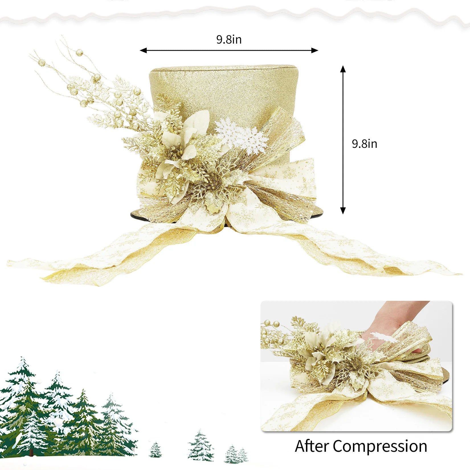 EliteZ Glitter Christmas Tree Topper Bow — Decorative Spruce Branch Accent