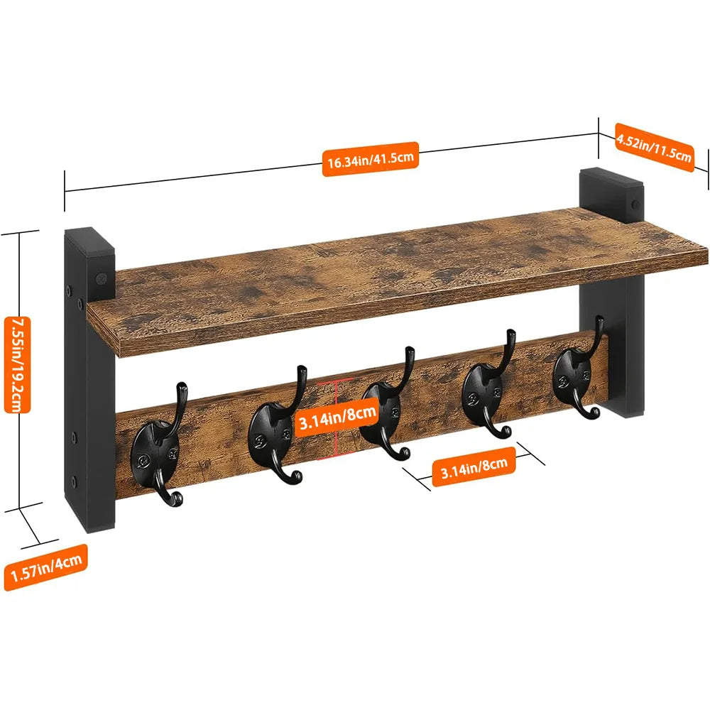 Rustic Wood Wall Shelf Key Holder — Floating Organizer with 5 Hooks