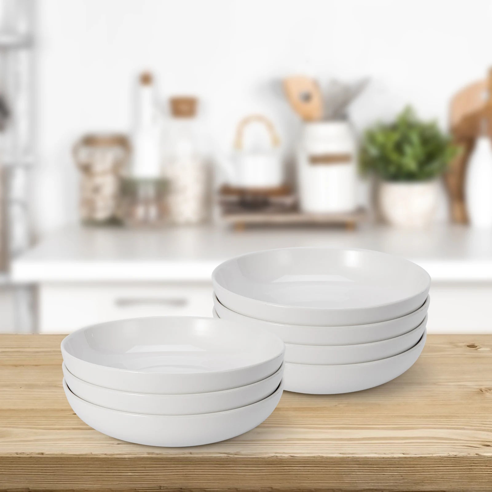 Ceramic Pasta Bowls Set — 6-Piece Large Shallow Serving Dishes, White