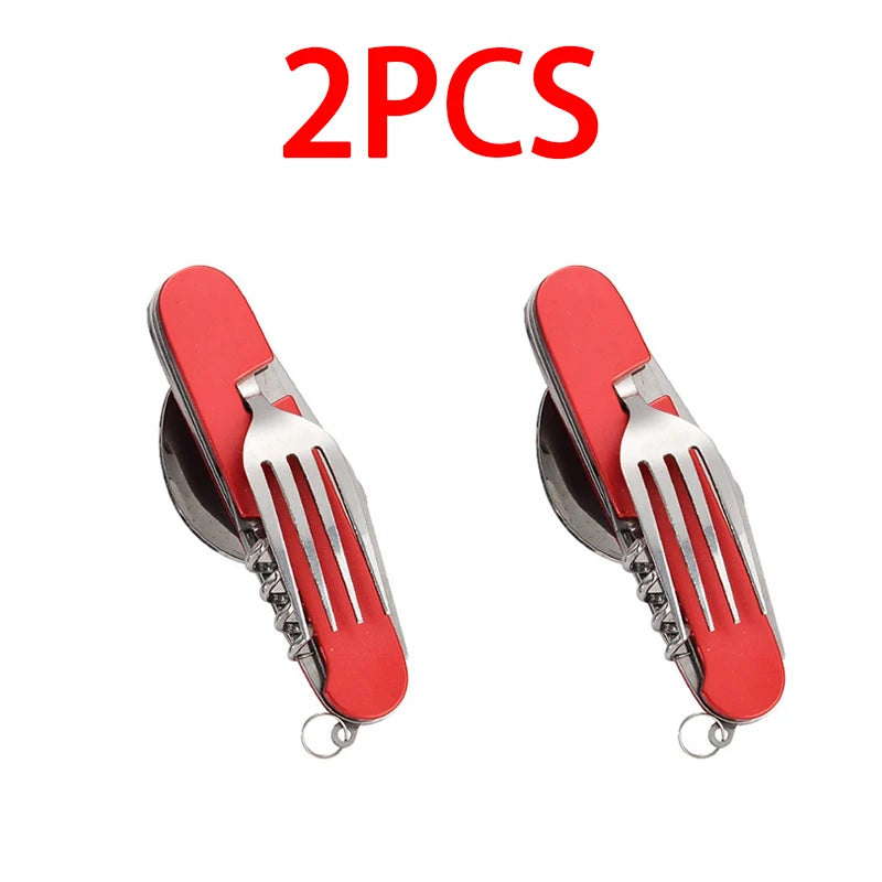 6-in-1 Stainless Steel Camping Cutlery Set — Portable Folding Outdoor Kit