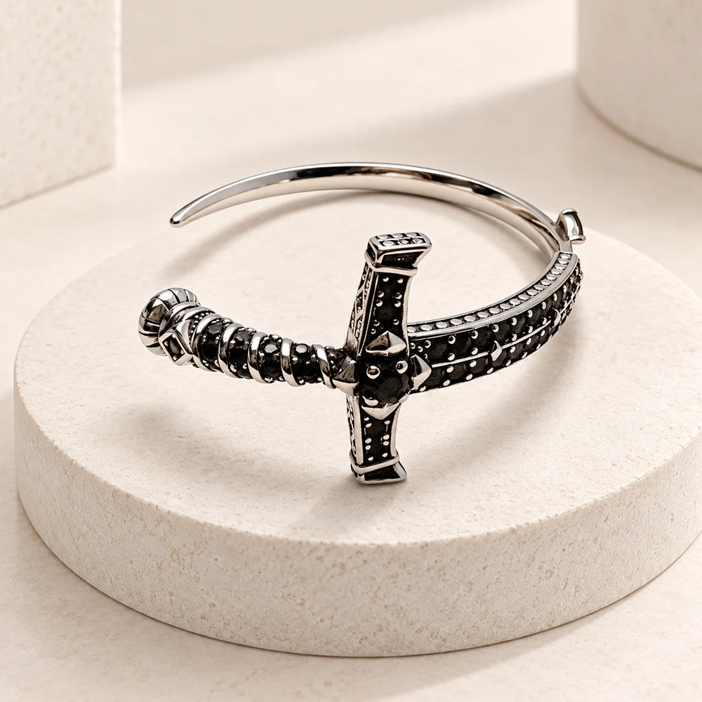 Thaddaeus Sword Bangle — 925 Sterling Silver Cuff with Black and Red Stones