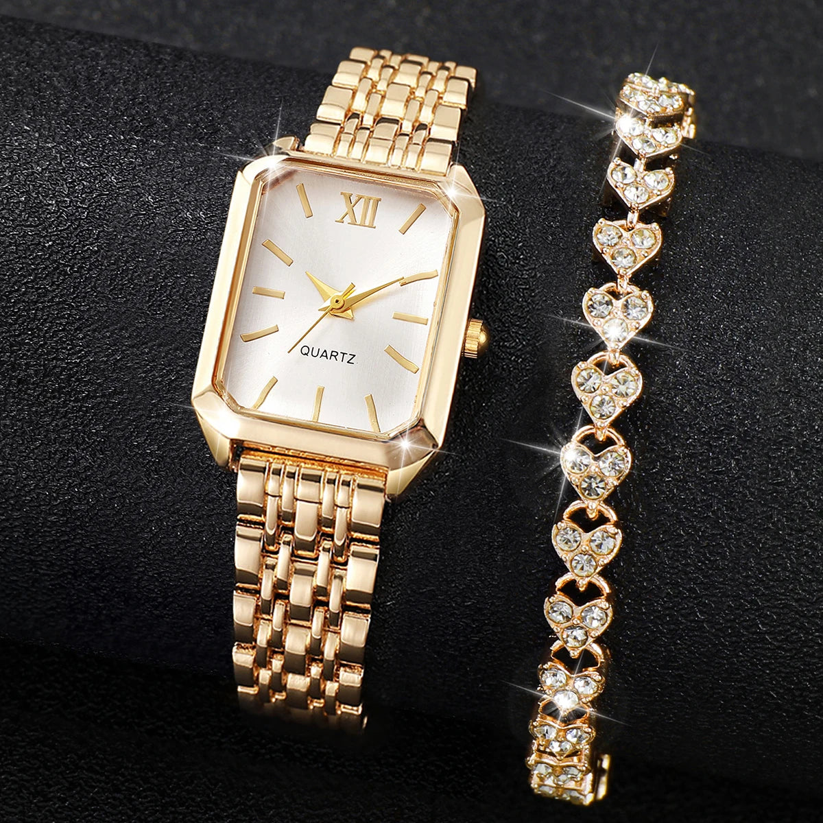 Women's Quartz Watch and Rhinestone Bracelet Set — Elegant Roman Dial Jewelry Kit