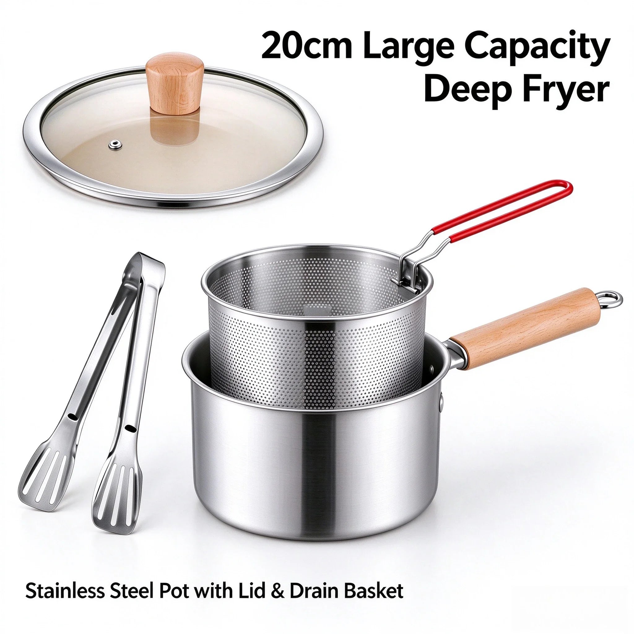Stainless Steel Deep Fryer Set — 3-Piece Pot with Filter Basket