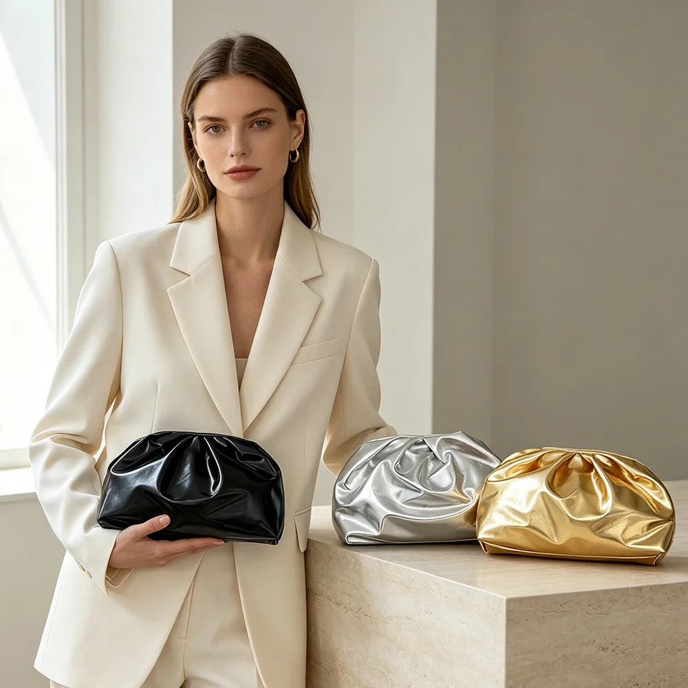 Metallic Ruched Cloud Clutch — Versatile Evening Handbag for Women