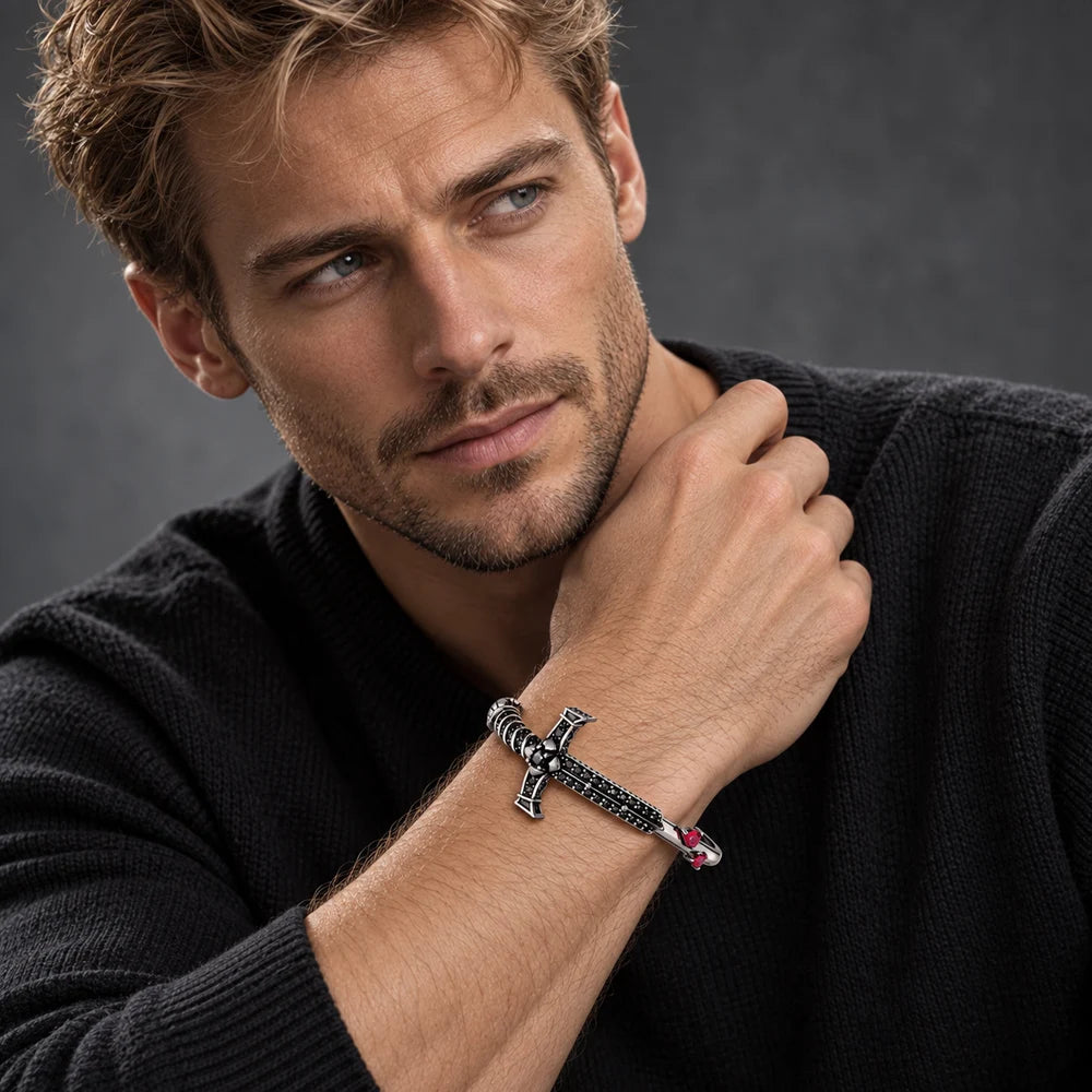 Thaddaeus Sword Bangle — 925 Sterling Silver Cuff with Black and Red Stones