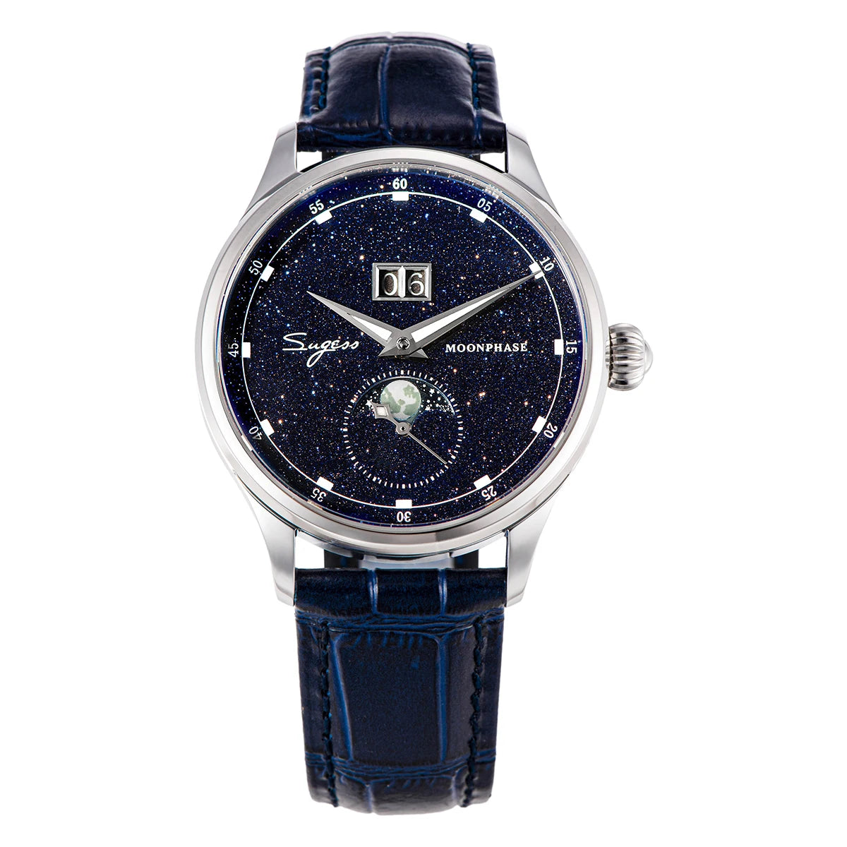 SUGESS Men's Moonphase Watch — Automatic Mechanical Blue Sandstone Dial