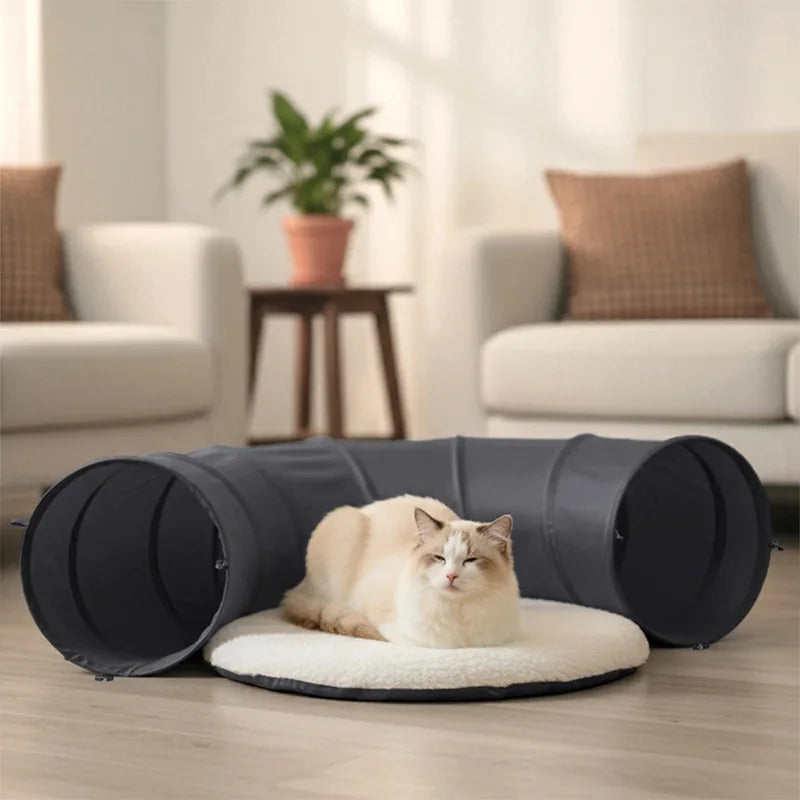 Foldable Cat Tunnel and Cushion Set — Interactive Hide and Seek Pet Toy