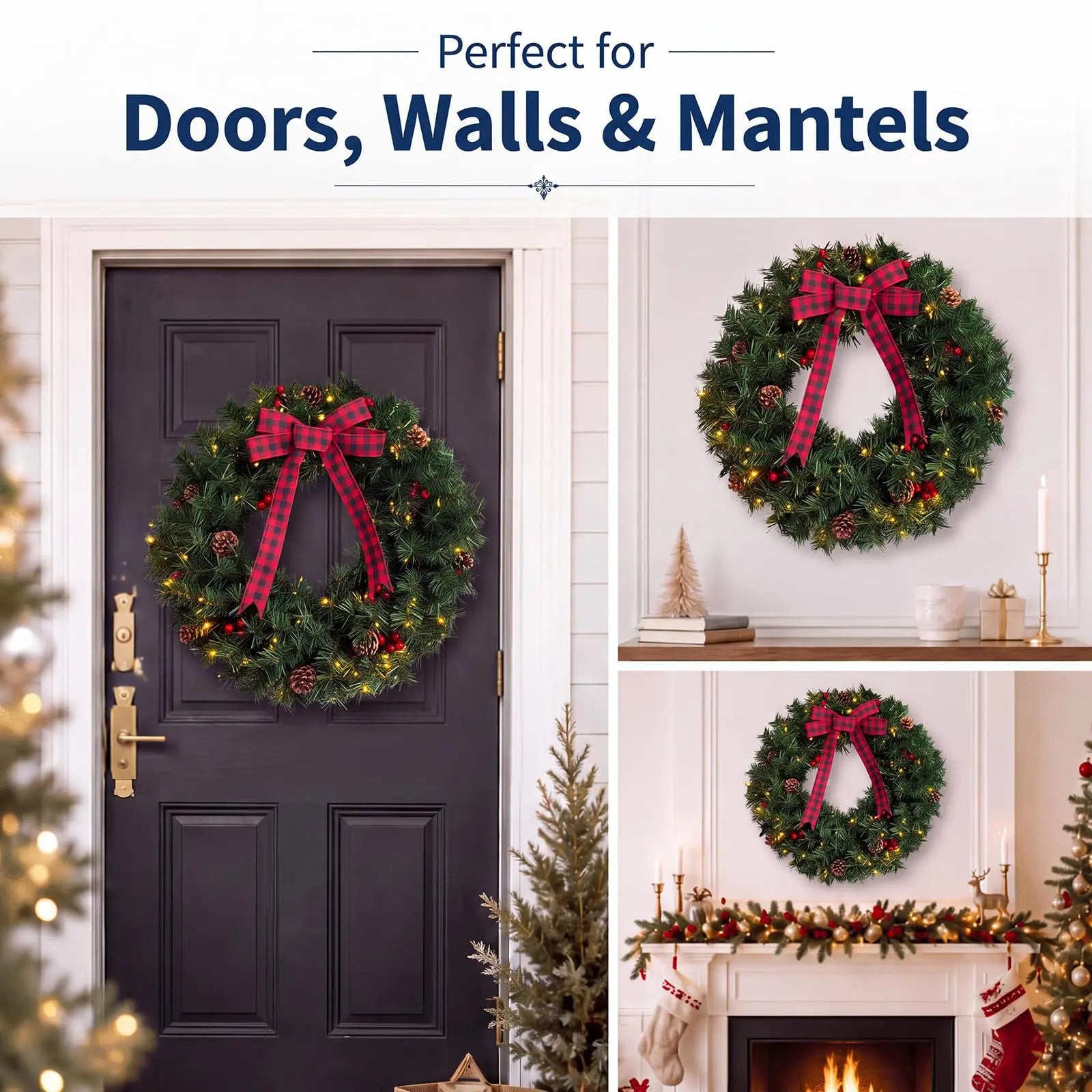 GAOMON Pre-Lit Christmas Wreath — Battery Powered LED Holiday Decor