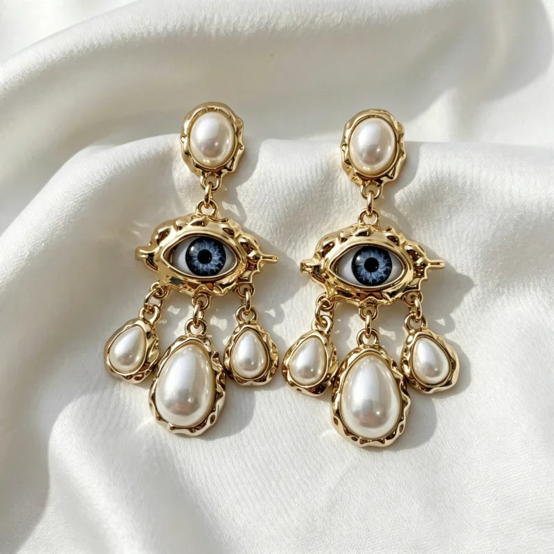 Obega Gothic Evil Eye Dangle Earrings — Ornate Pearl Tassel Jewelry