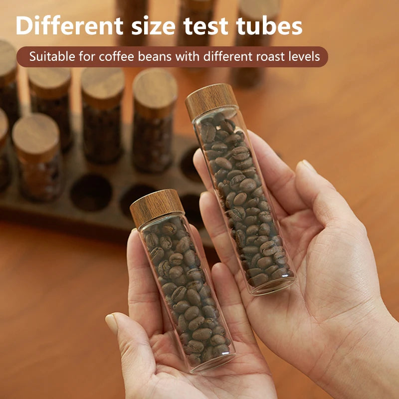 ALIKISSCAFE Coffee Bean Storage Container — Walnut Display Rack & Glass Tubes