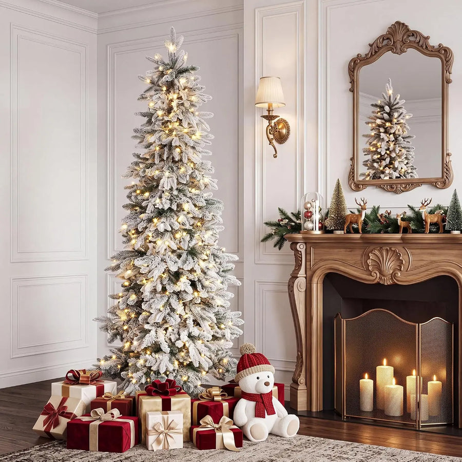 Garvee Snow Flocked Slim Pencil Christmas Tree — Pre-Lit Space Saving Decor
