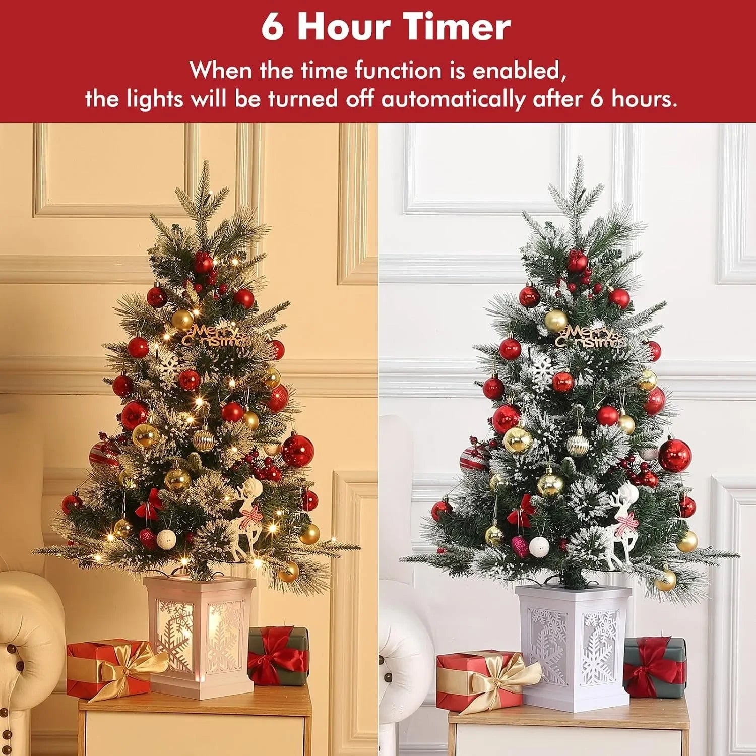 Pre-Lit Mini Christmas Tree — 3FT Flocked Artificial Tree with LED Lights