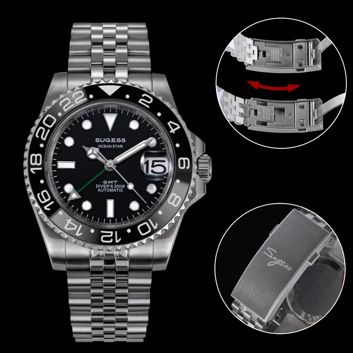 SUGESS GMT Diving Watch — Automatic Mechanical Peacock Movement