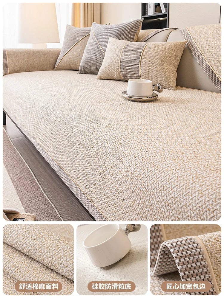 Woven Cotton and Linen Sofa Cover — Non-Slip All-Season Cushion Protector