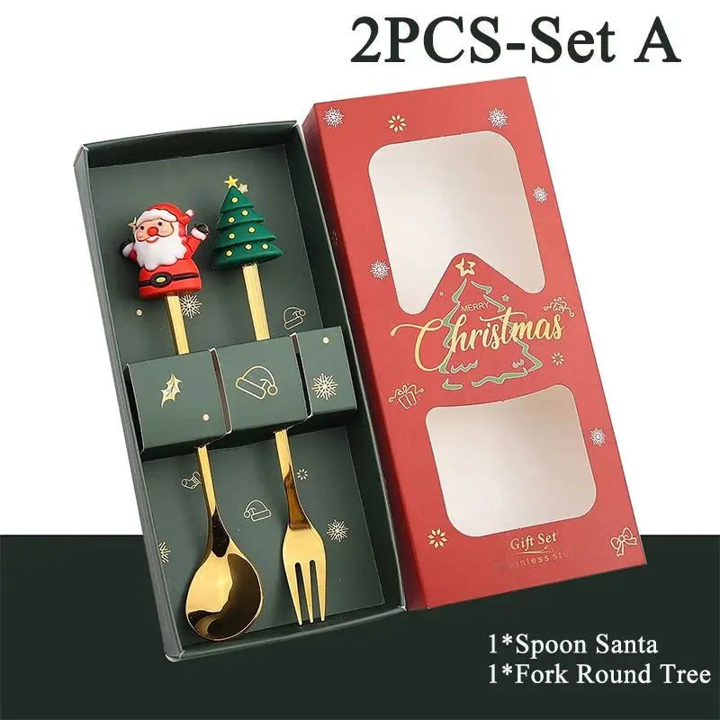 Christmas Themed Stainless Steel Cutlery Set — Decorative Santa Spoon and Fork