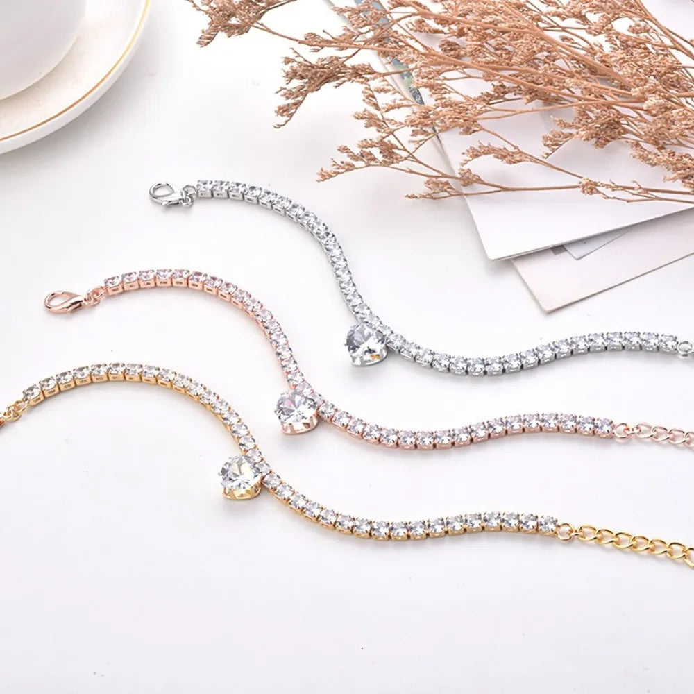 Sparkling Rhinestone Tennis Chain Cat Collar — Elegant Crystal Heart Pendant