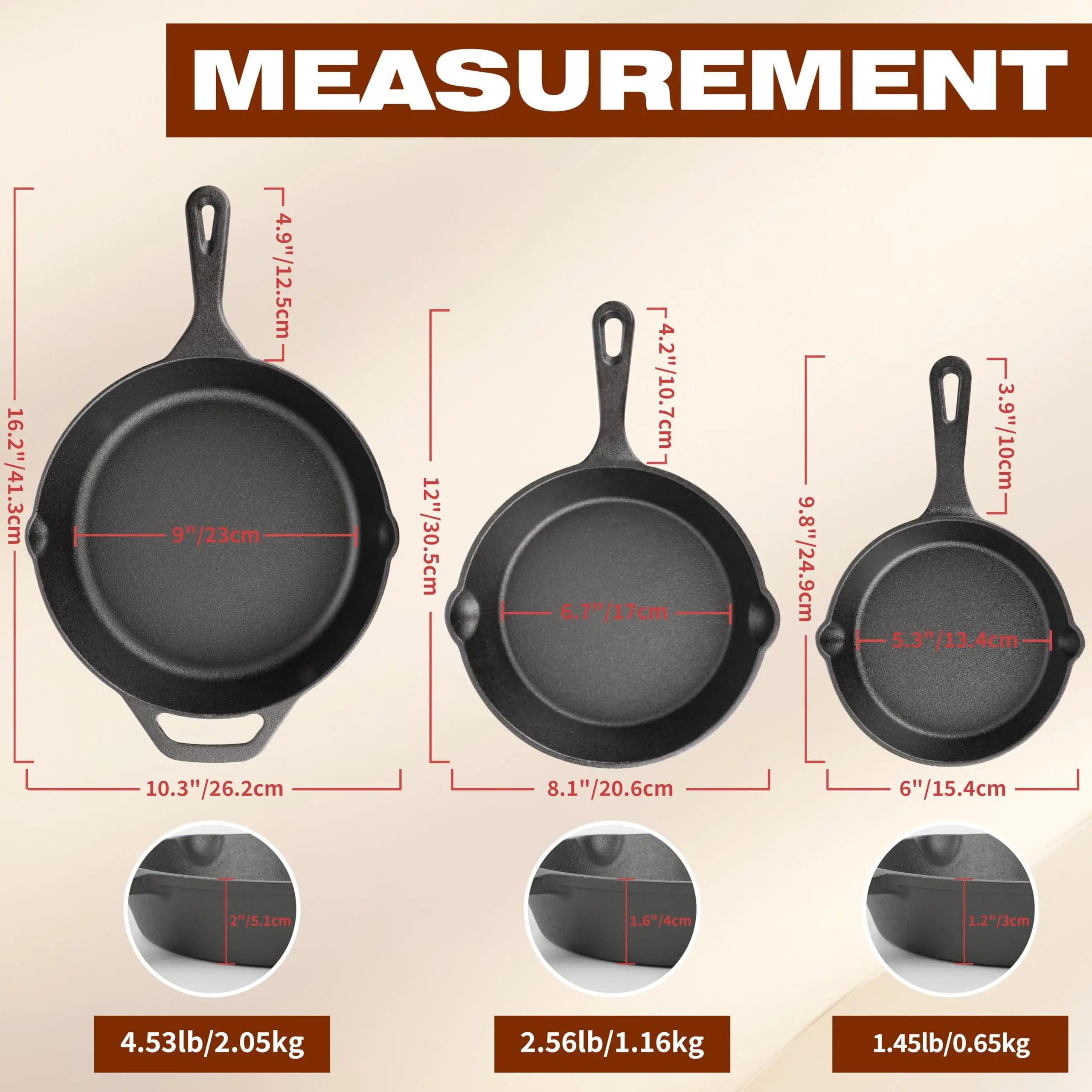NOVELTY MOON Cast Iron Skillet Set — 3-Piece Pre-Seasoned Cookware
