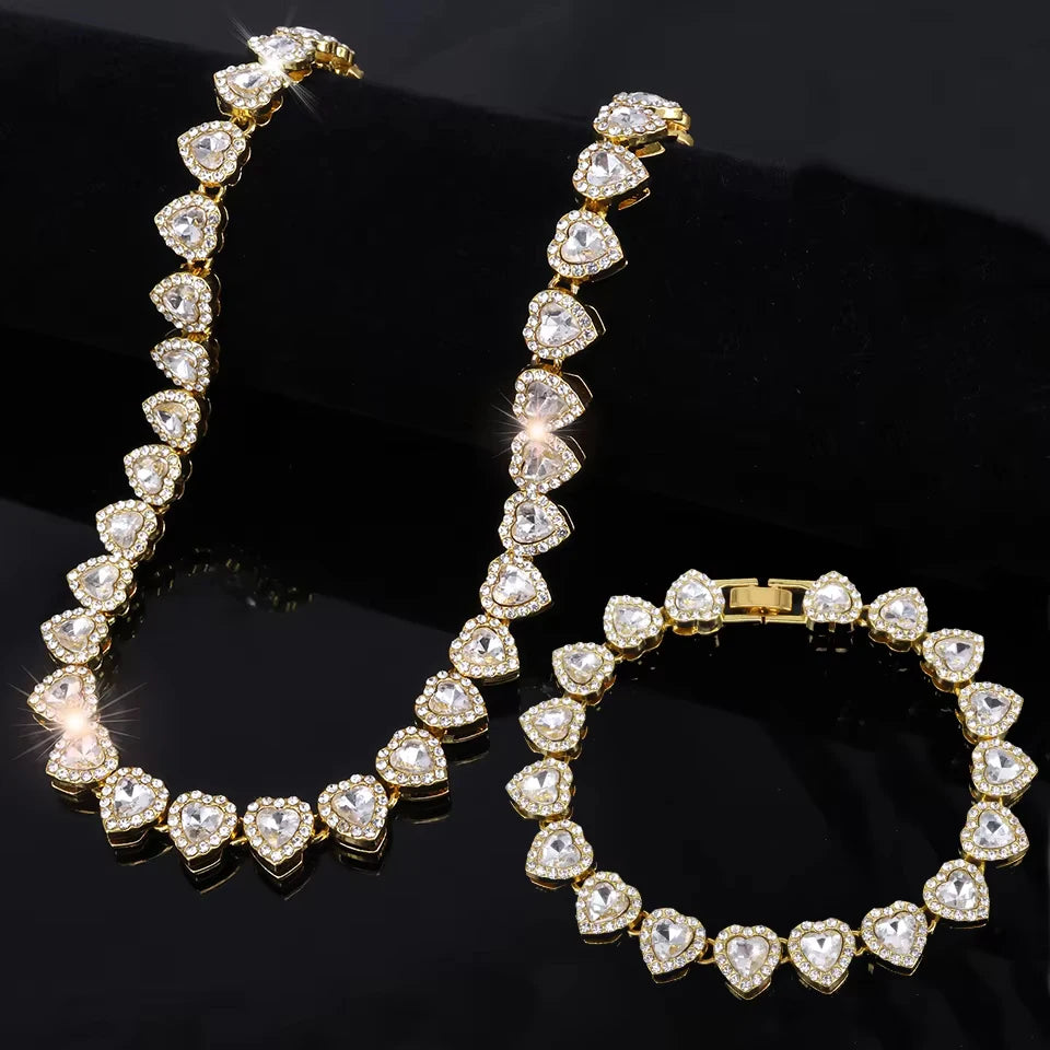 Hip Hop Rhinestone Heart Jewelry Set — Tennis Chain Necklace and Bracelet