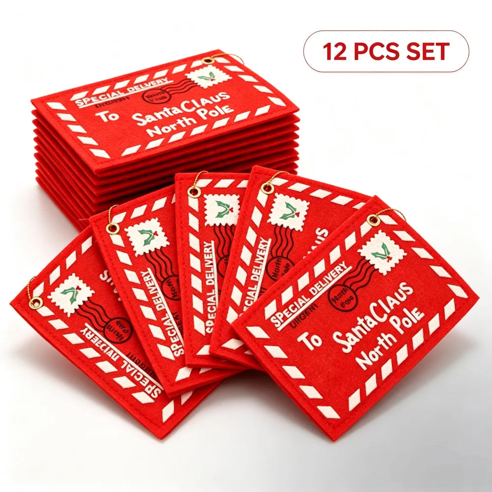 Santa Claus Embroidered Felt Envelopes — 12-Piece Christmas Ornament Set