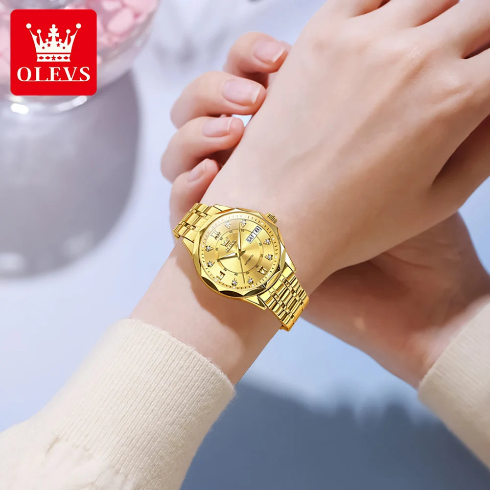 OLEVS Automatic Women's Watch — Luxury Stainless Steel & Dual Calendar