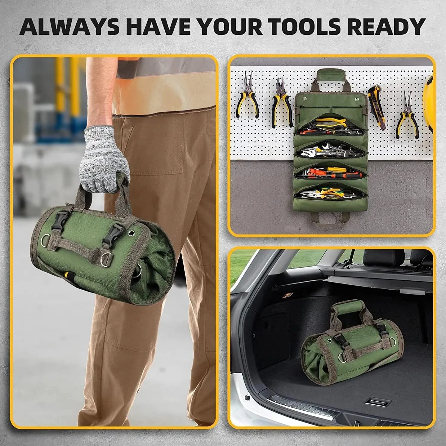 HOMEFISH Tool Bag Organizer — Heavy Duty Roll Up Storage with Detachable Pouches