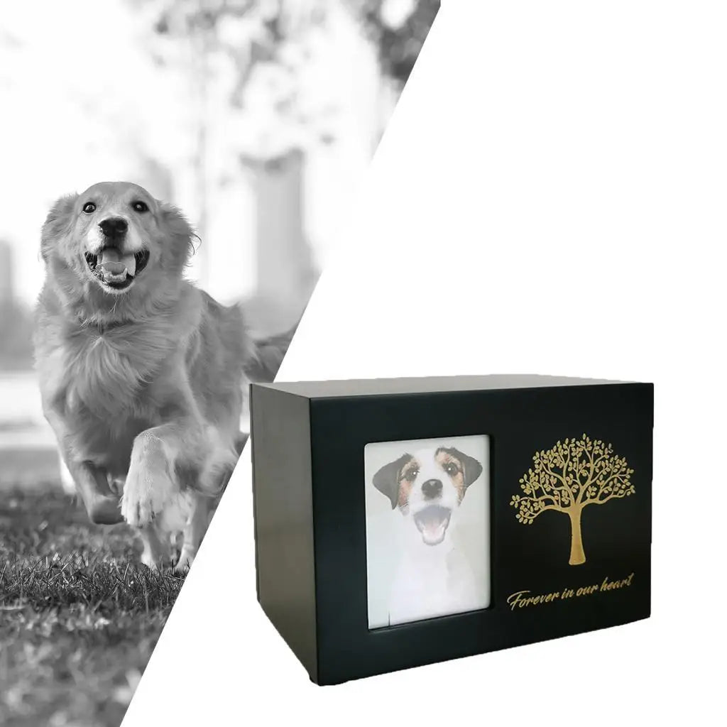 Wooden Pet Cremation Urn — Memorial Keepsake Box with Photo Frame