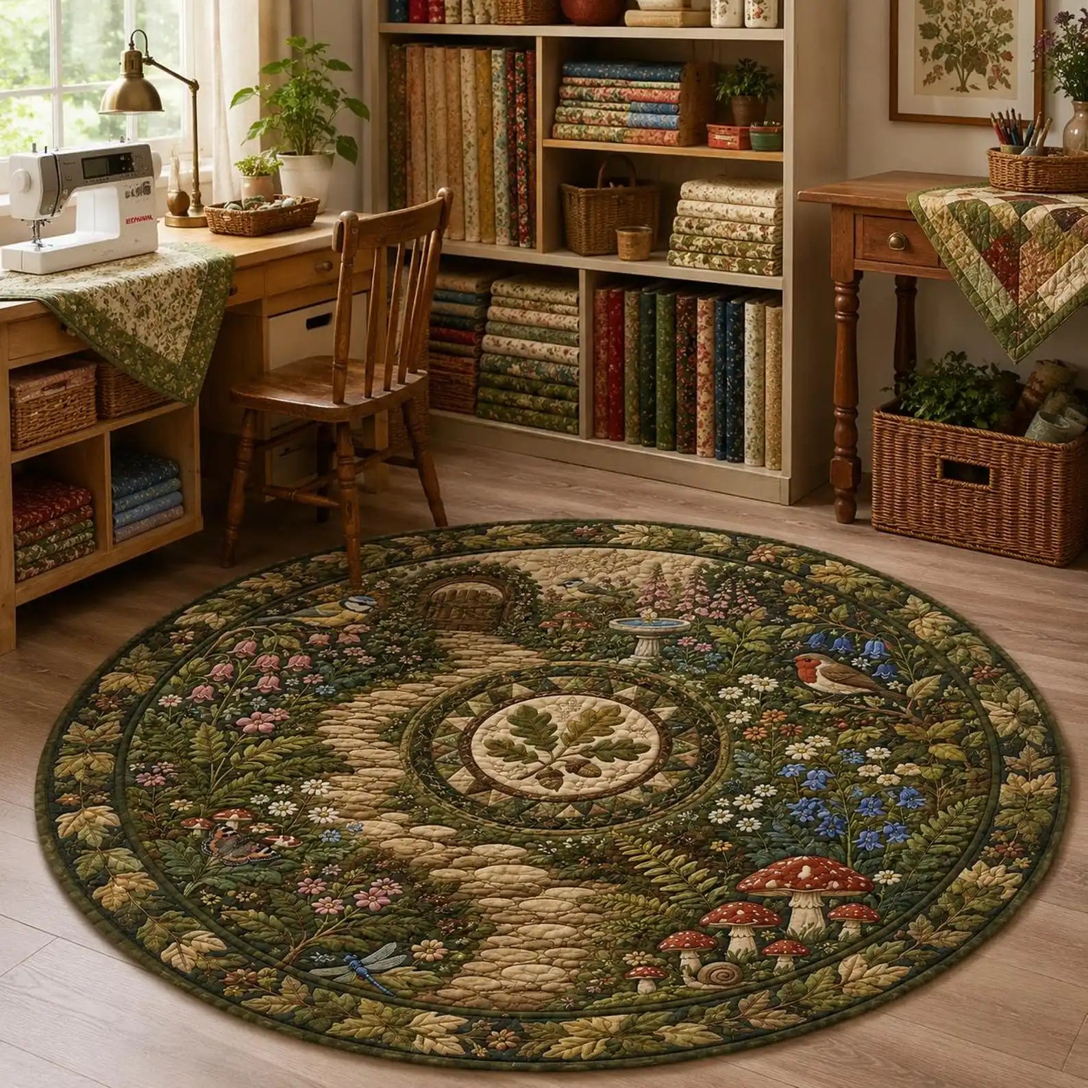 Mushroom and Bird Pattern Round Carpet — Pastoral Style Decorative Area Rug