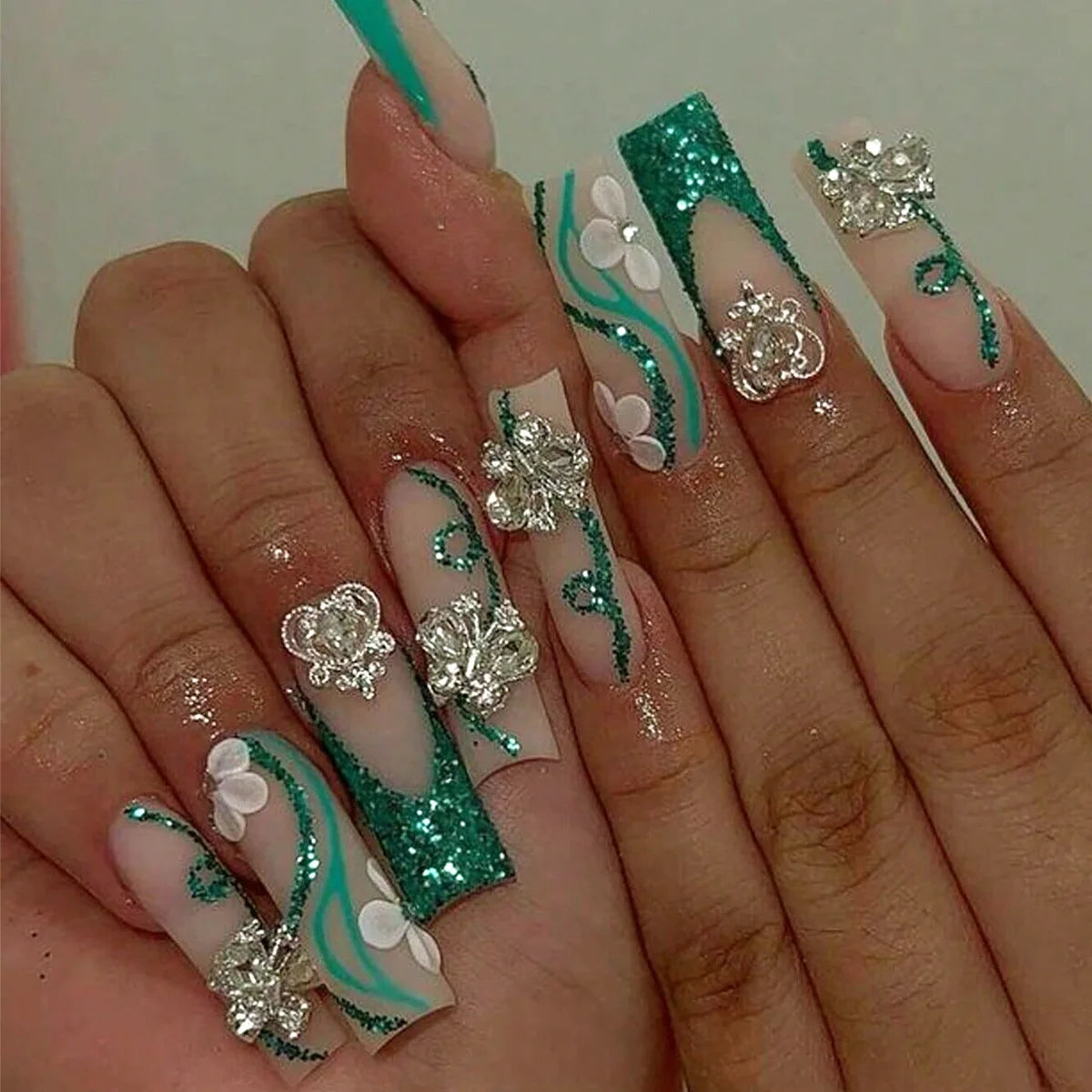 Long Coffin Press On Nails — Green French Tip Glitter Artificial Tips