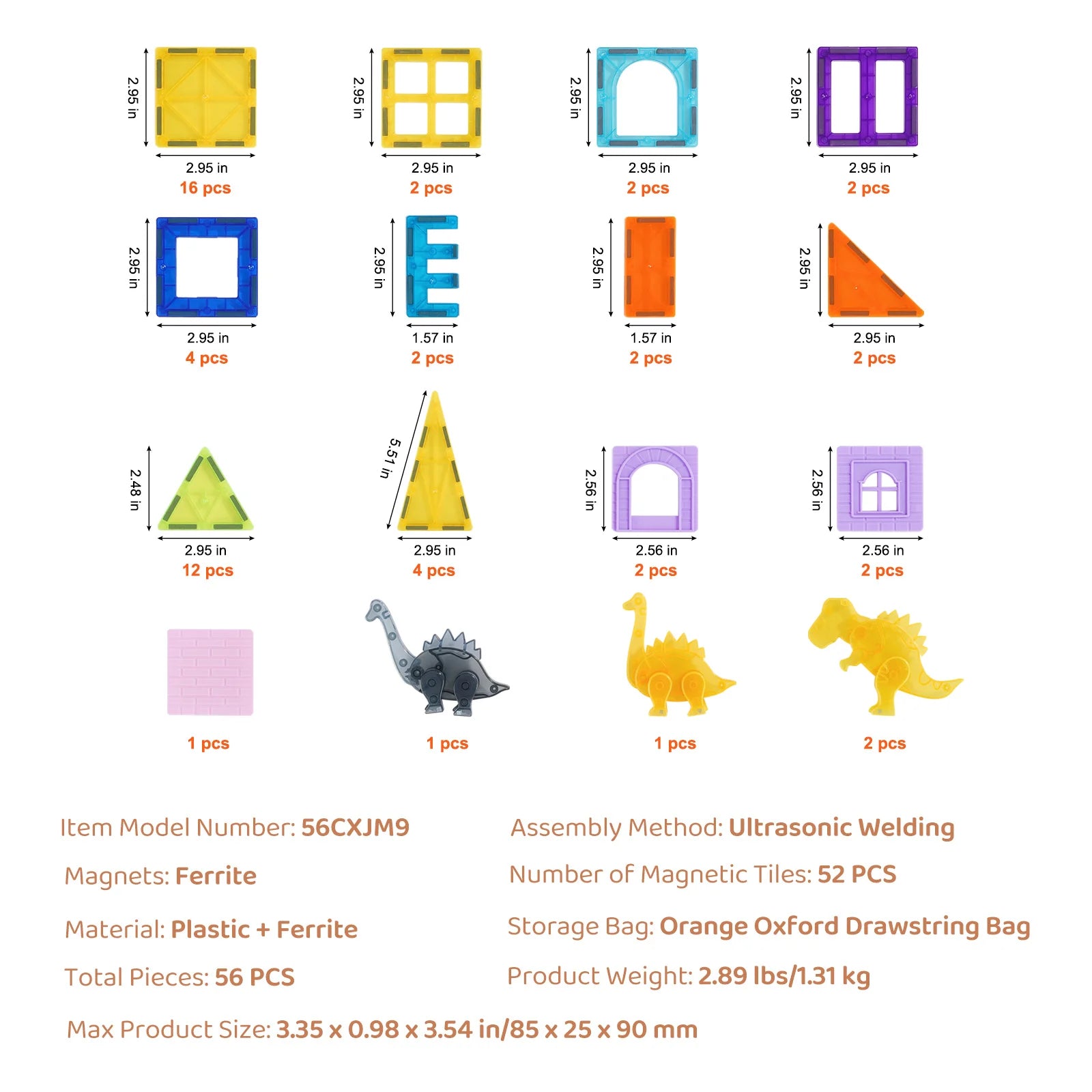 SucceBuy Magnetic Building Tiles — 56-Piece STEM Construction Set with Dinosaurs