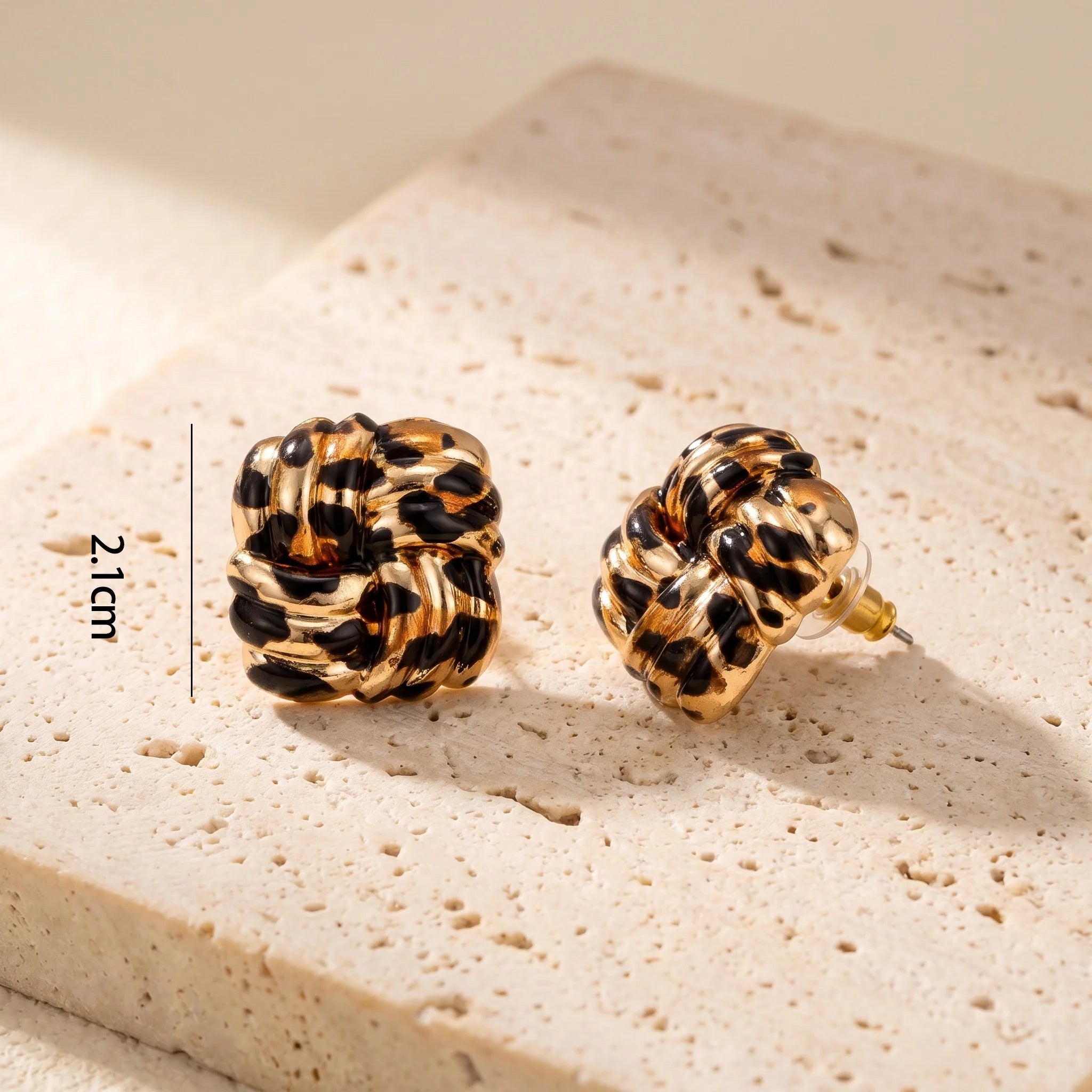 Obega Leopard Print Knotted Earrings — Vintage Gold Tone Enamel Studs
