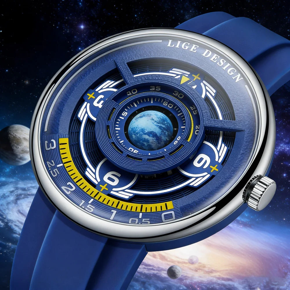 LIGE Sporty Men's Quartz Watch — Blue Planet Dial with Luminous Hands