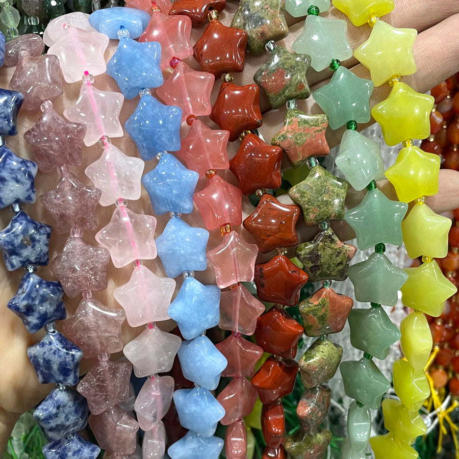 SYSRXLR Star Shaped Natural Stone Beads — 15mm Loose Quartz & Agate Spacers