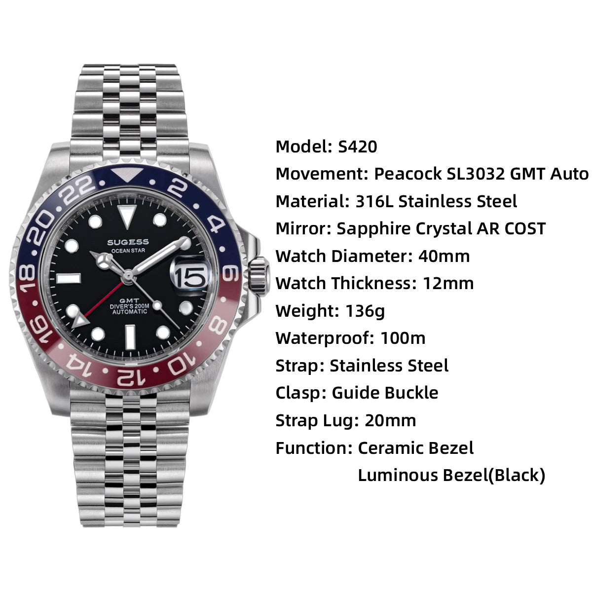 SUGESS GMT Diving Watch — Automatic Mechanical Peacock Movement
