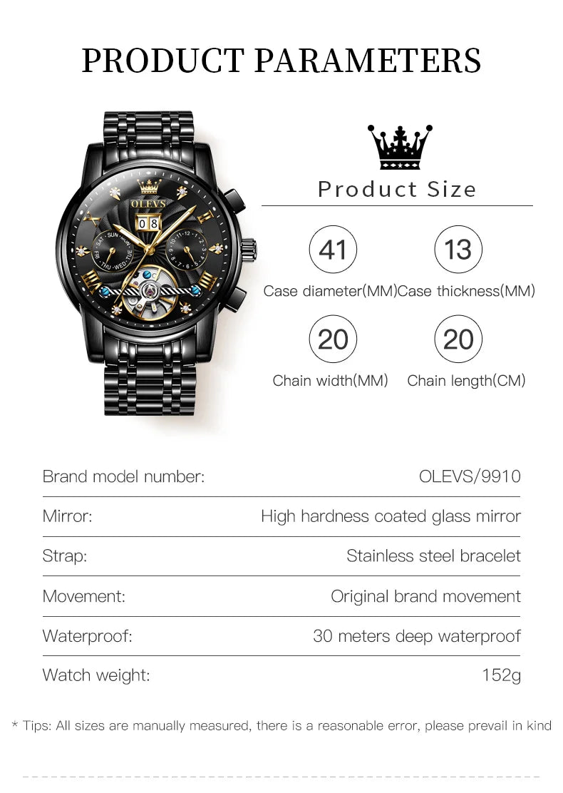OLEVS Classic Men's Automatic Watch — Luxury Skeleton Tourbillon Design