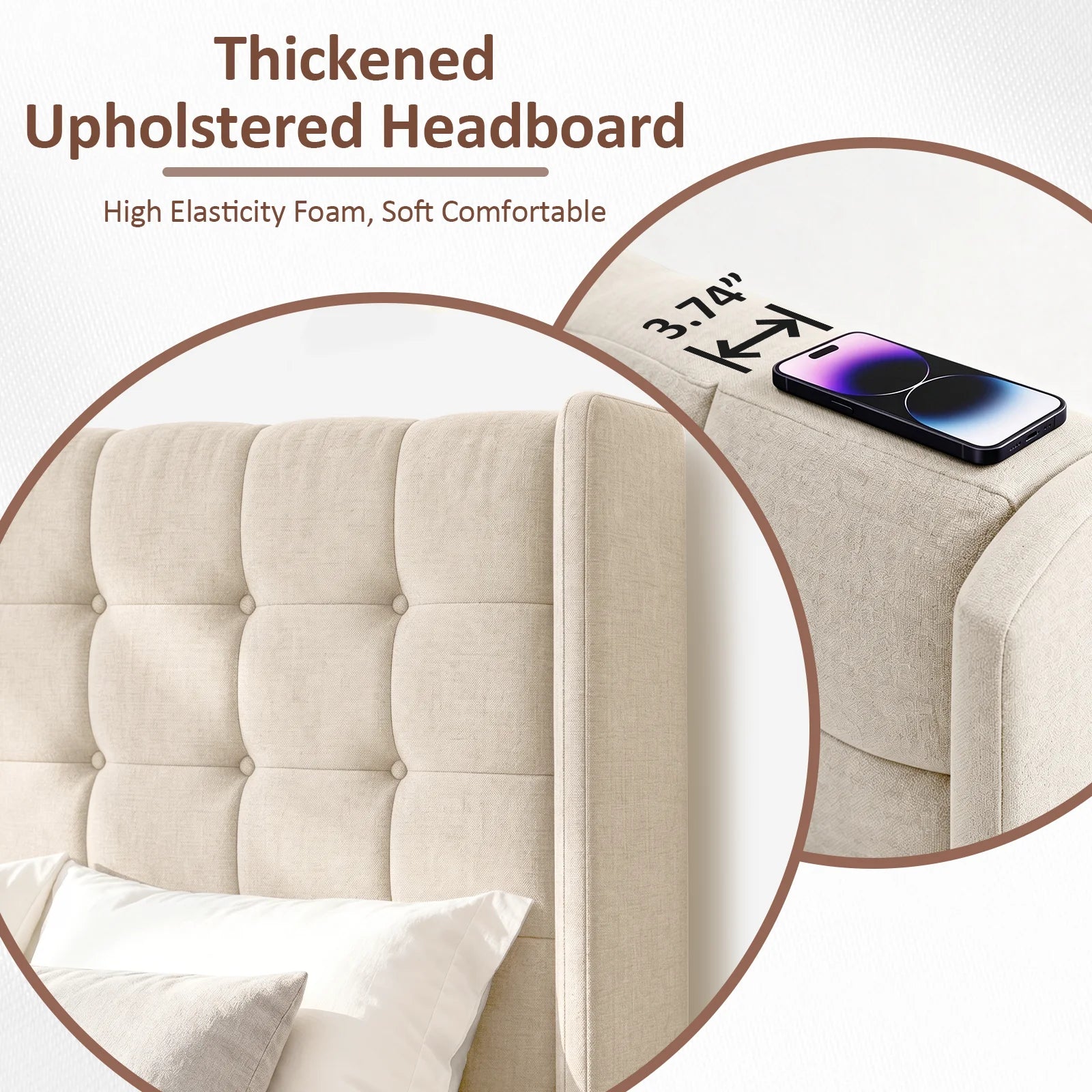Sismplly Wingback Upholstered Platform Bed Frame — Tufted Linen Headboard
