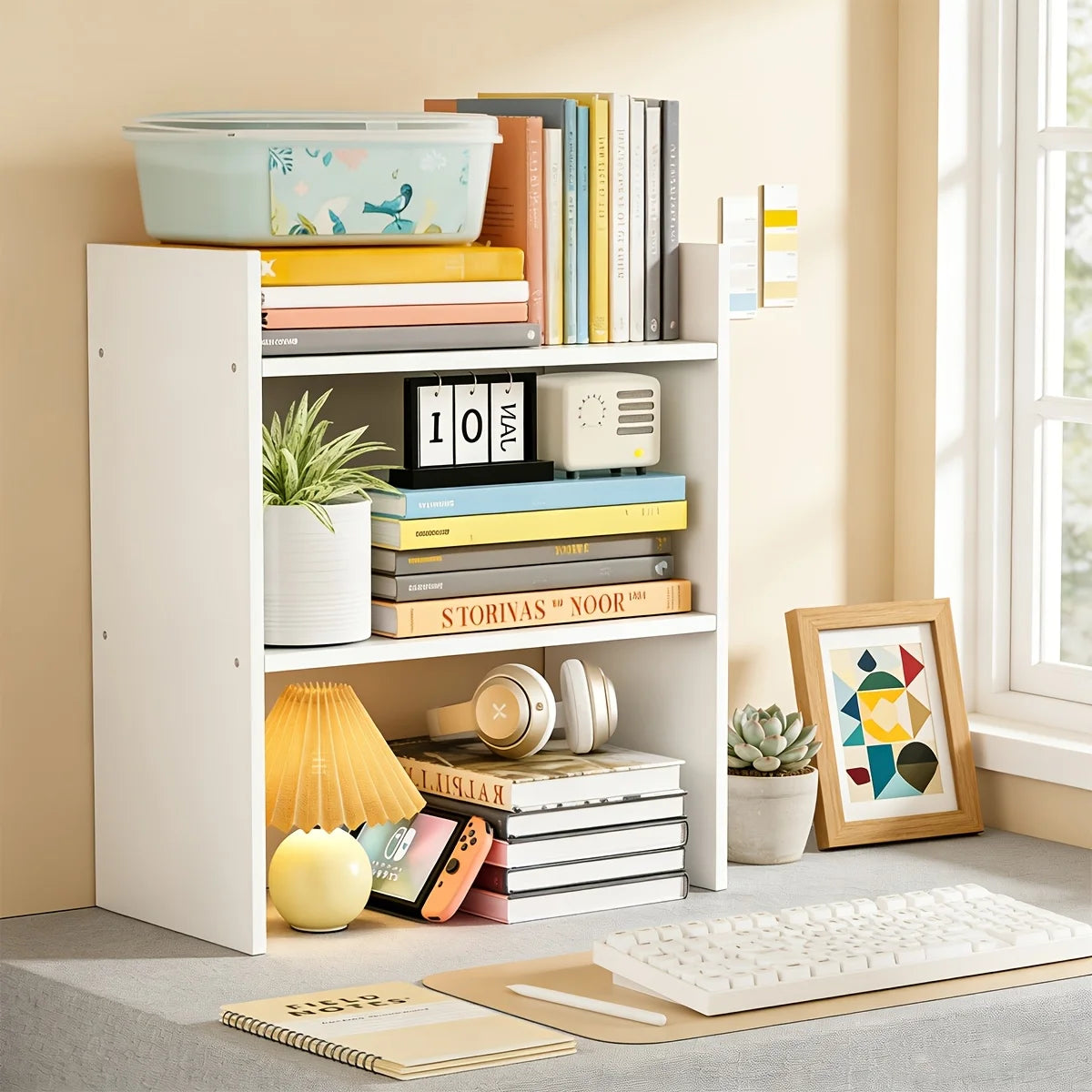 3-Tier Desktop Bookshelf Organizer — White Wooden Tabletop Storage Shelf