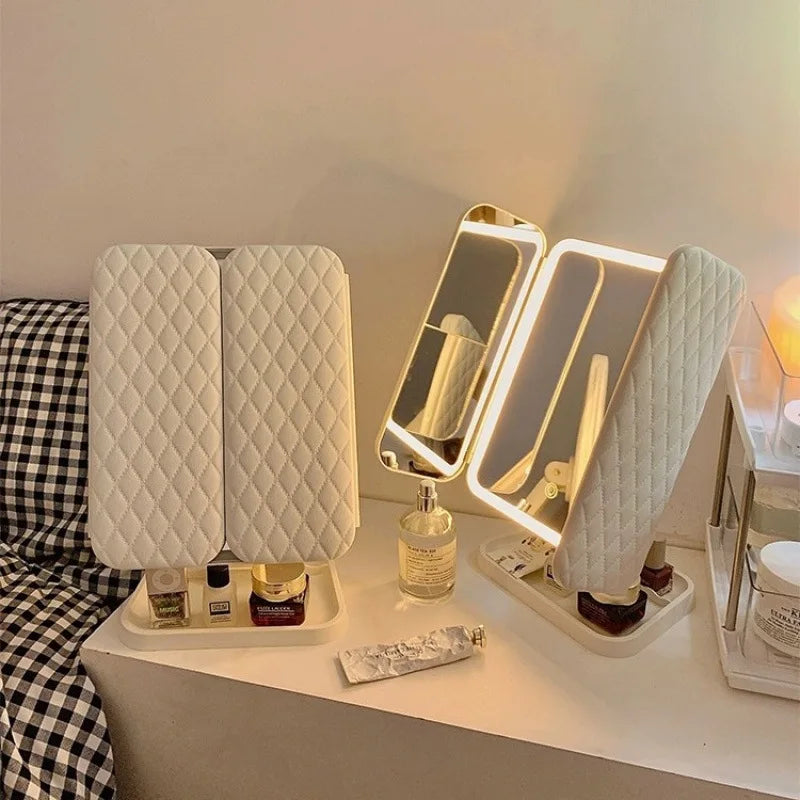 Trifold LED Makeup Mirror — Adjustable Magnification & Three Light Modes