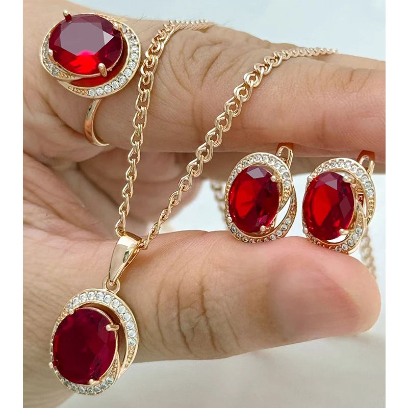 Kinel Red Zircon Jewelry Set — Vintage Rose Gold 3-Piece Set