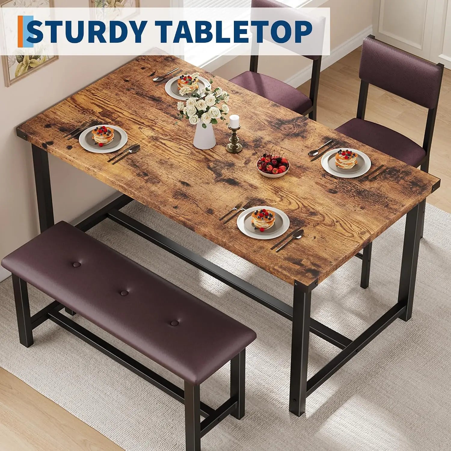 TWISTER.CK Dining Table Set for 4 — Wood Kitchen Set with Bench & Chairs