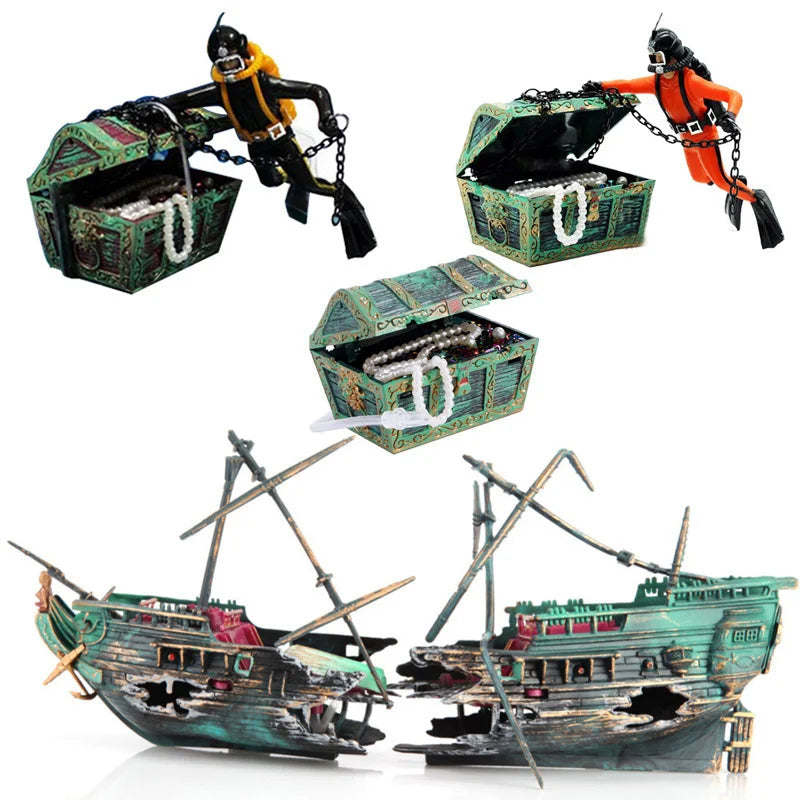 Aquarium Shipwreck Ornament — Air-Driven Decorative Boat for Fish Tanks