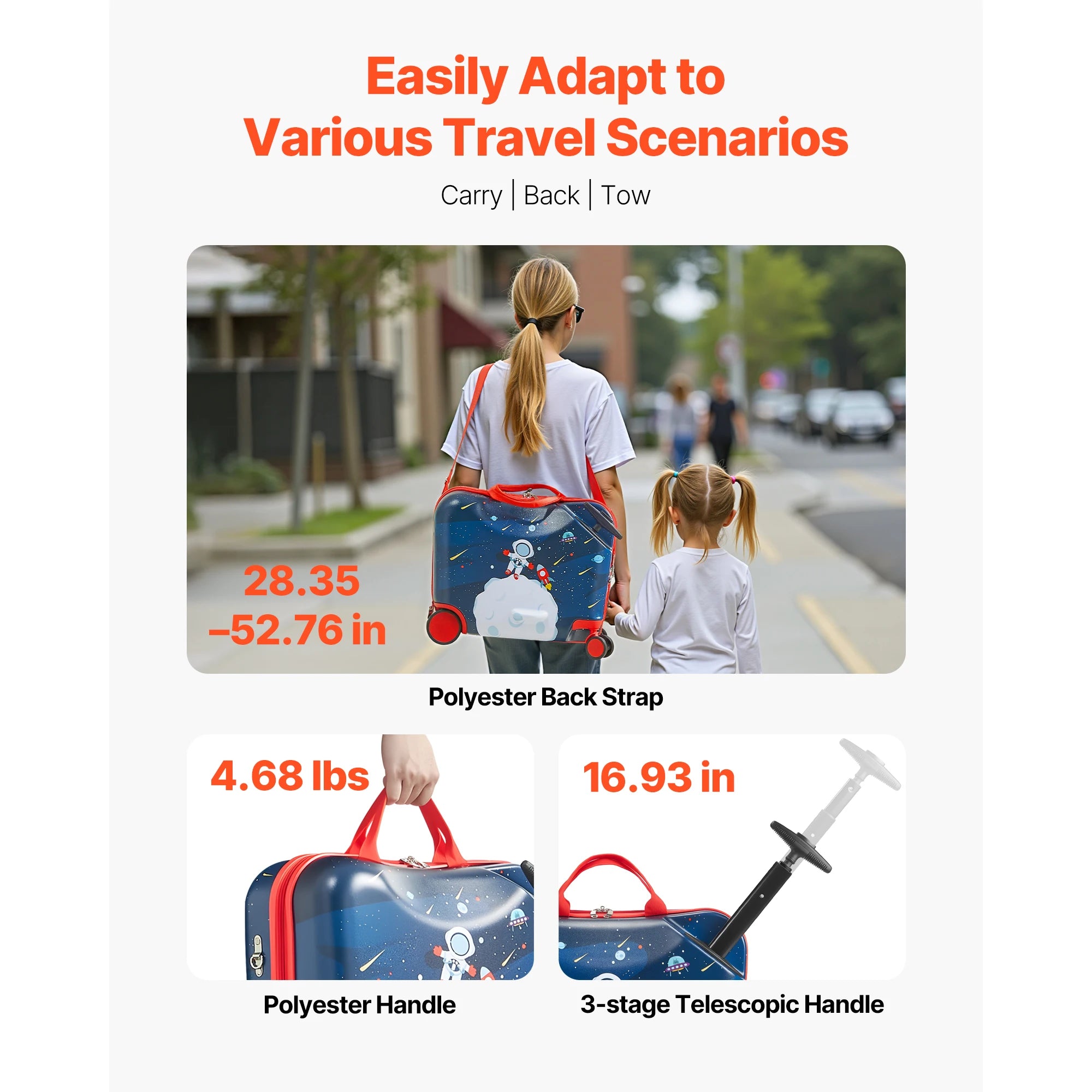 SucceBuy Ride-On Kids Luggage — 26L Carry-On Suitcase with Wheels